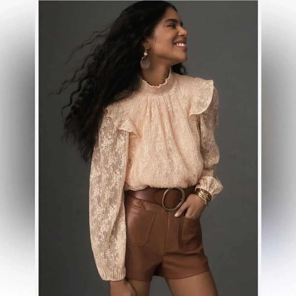 porridge x Anthro Peach Lace Mock Neck Statement Sleeves Pleated Blouse